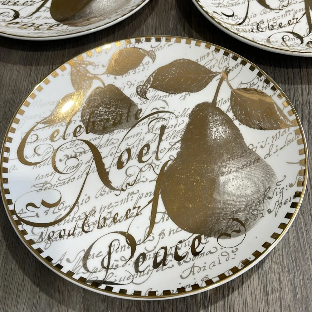 Restoration Hardware Christmas 8”Plates Holiday Gold Pear Noel Peace Set